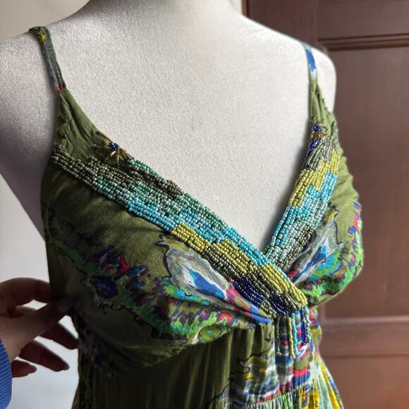 BAROK | Anthropologie Green Floral Beaded Tiered Maxi Dress Tassel Fringe Small - Picture 4 of 9